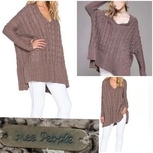 Free People Easy Cable V-Neck Sweater Mushroom Oversized Sz L